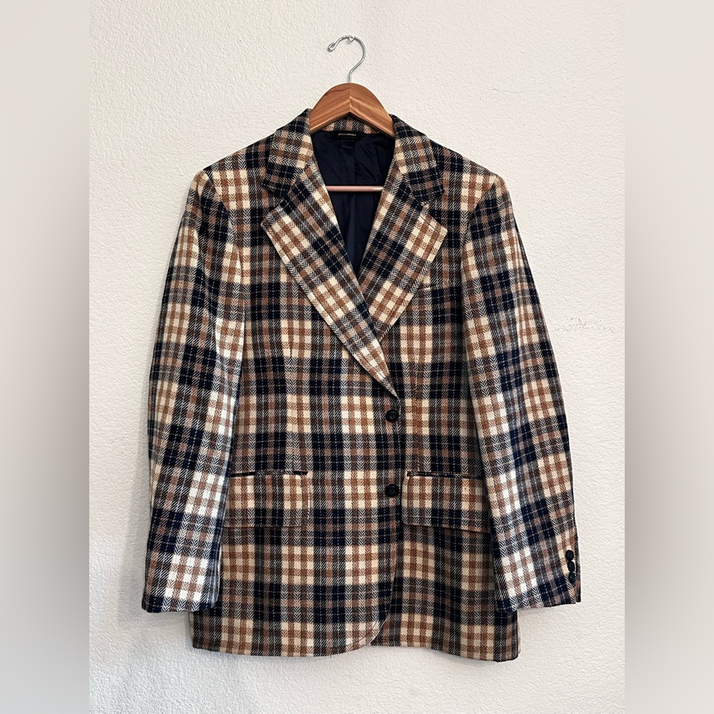 Plaid Wool-Blend Blazer Jacket in Brown & Navy